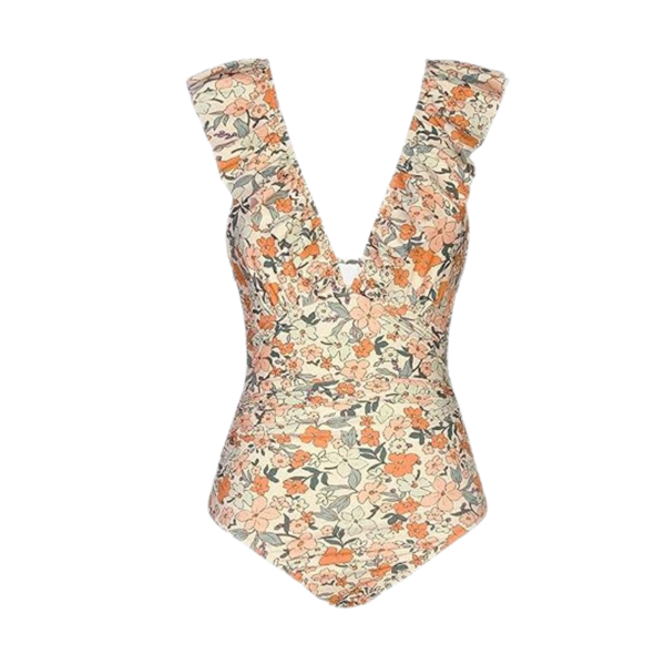 V-Neck Ruffled Tie-Back Multi-Color One-Piece Swimsuit
